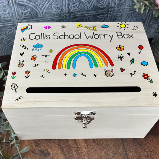 Colourful Childs Doodle Design Worry Box Personalised Primary School Dropbox