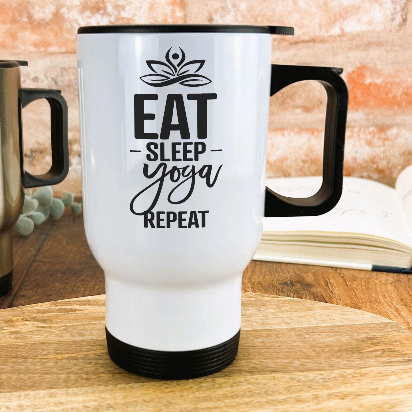 Eat Sleep Yoga Repeat White Yoga Travel Mug Personalised Gift Exercise Zen Calm