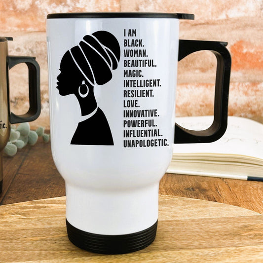 I Am Black Woman Beautiful Afro Hair Personalised Travel Mug Gift Black Lives Matter BLM Natural Hair Africa Pride