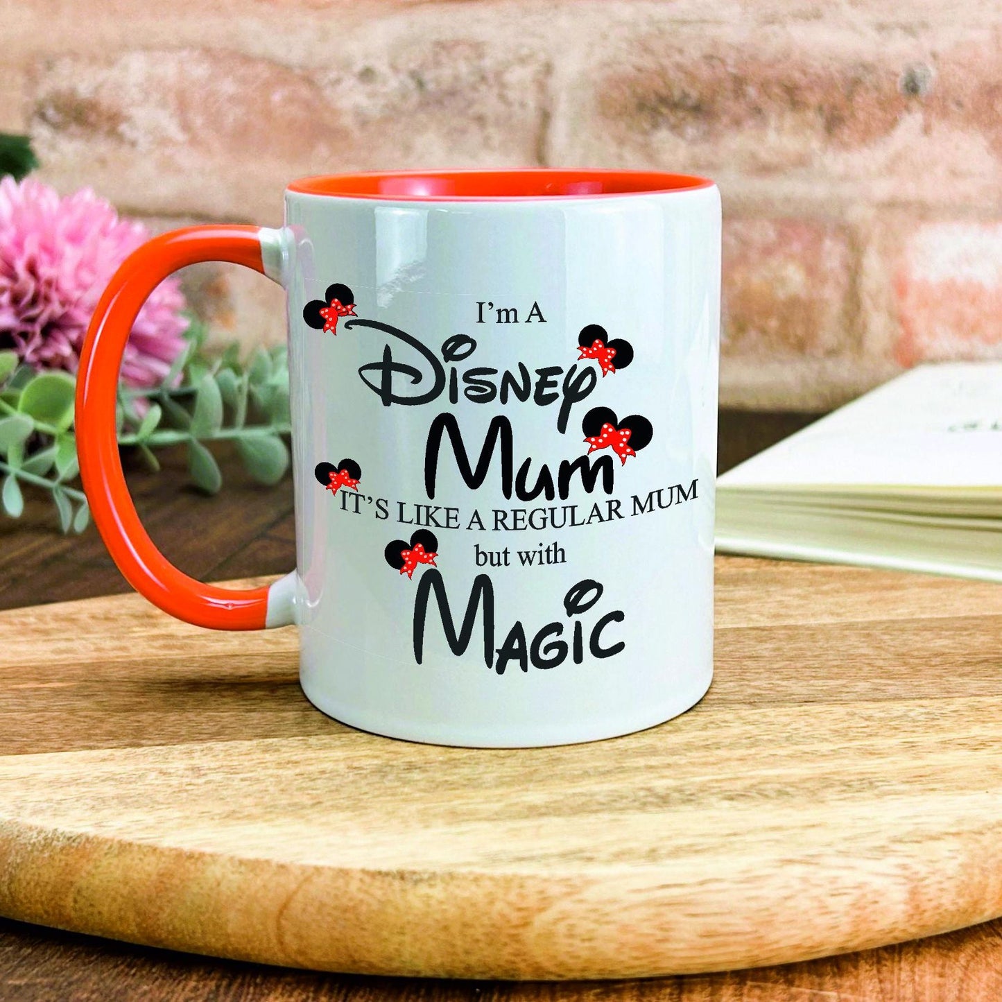 a coffee mug sitting on top of a wooden table