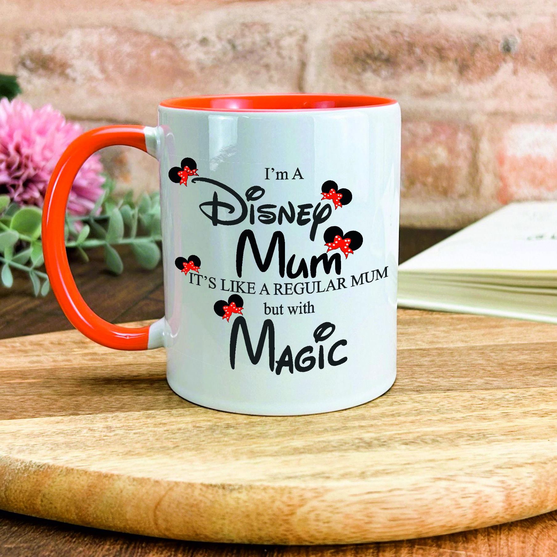 a coffee mug sitting on top of a wooden table