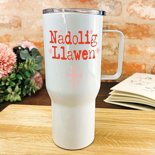 Nadolig Llawen Snowflakes - Welsh Language Dialect - Personalised Travel Mug