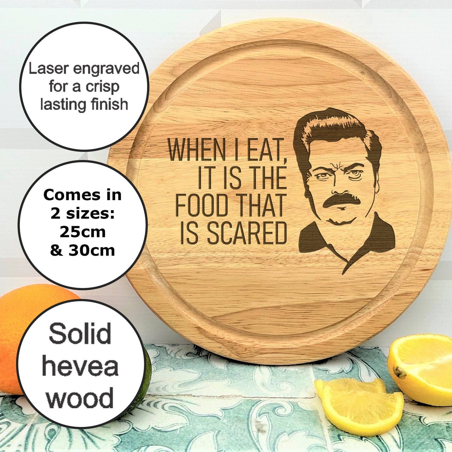 a wooden cutting board with a picture of a man on it