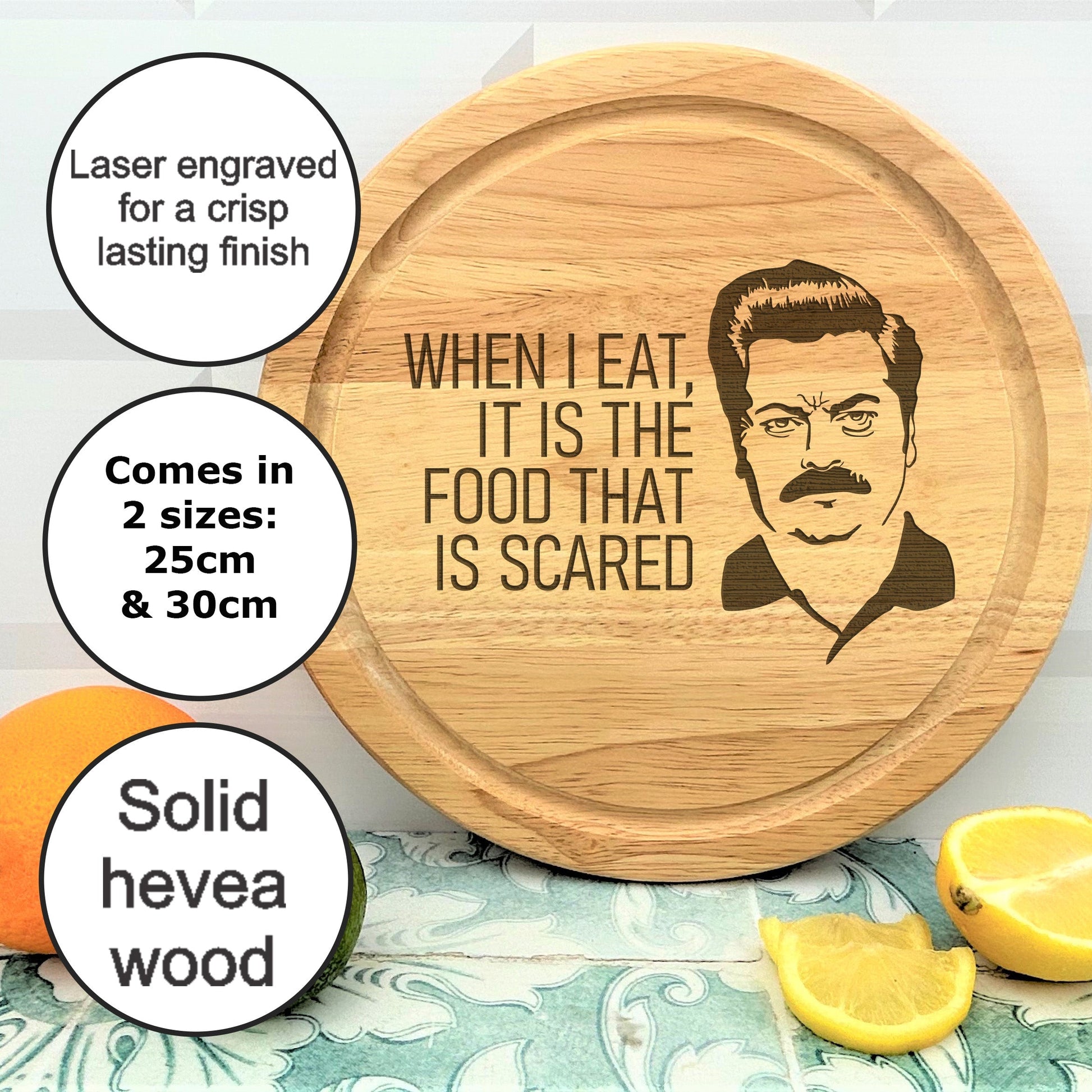 a wooden cutting board with a picture of a man on it