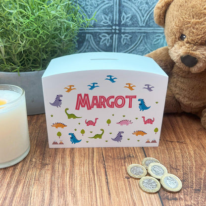 Dinosaurs Colourful Personalised Children's Wooden Money Box - Birthday Saving Gift