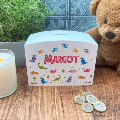 Dinosaurs Colourful Personalised Children's Wooden Money Box - Birthday Saving Gift
