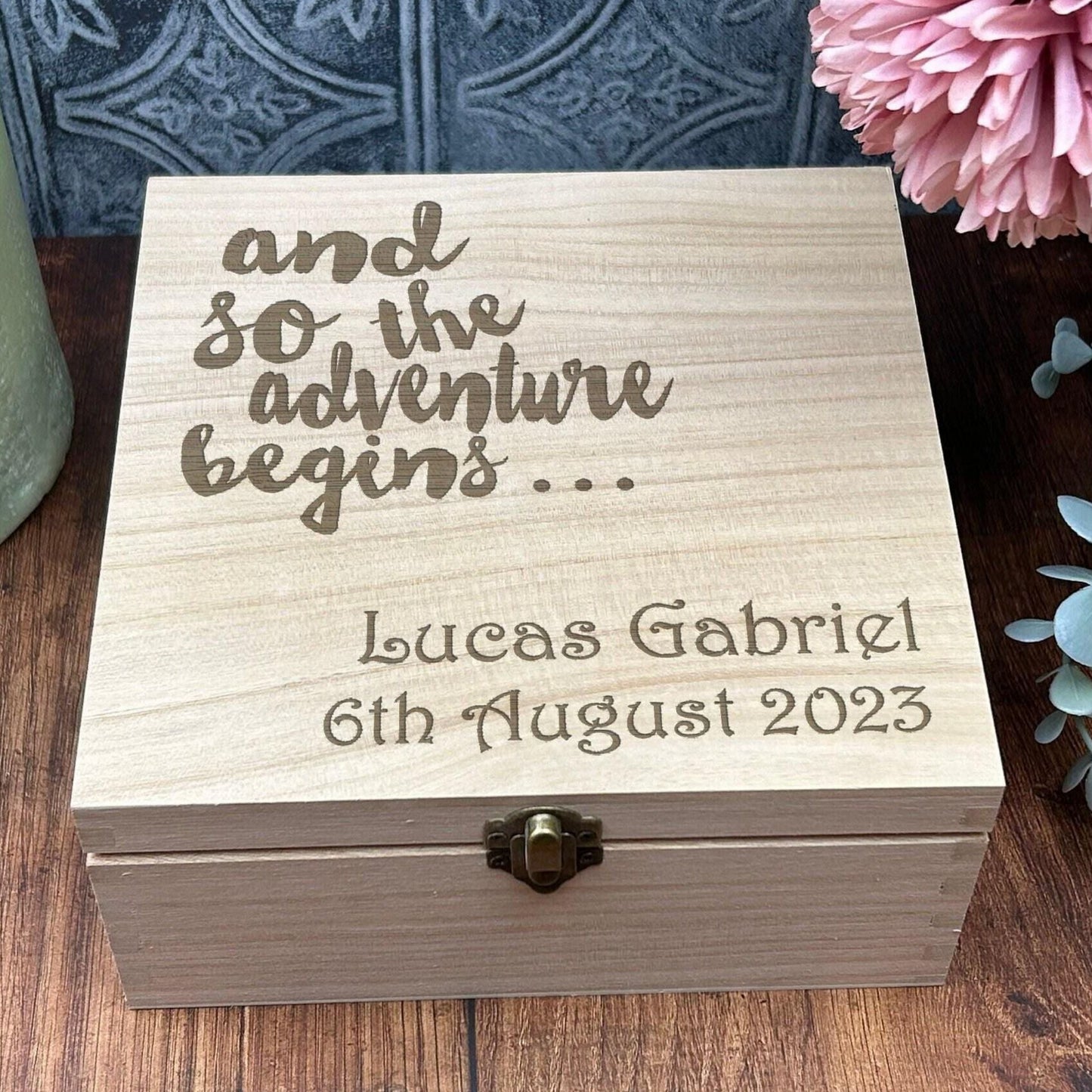 And So The Adventure Begins - Wooden Memory Keepsake Box - Personalised Gift