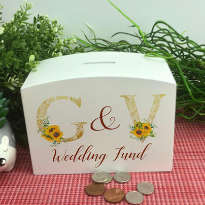 Sunflower Monogram Couples Wedding Fund - Personalised Wooden Money Box - Engagement Gift