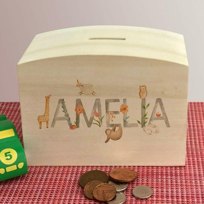 Watercolour Animal Theme Wooden Money Box - Personalised - Children's Saving - New Baby / Christening Gift