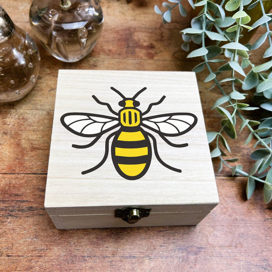 Manchester Bee Colourful Wooden Box Trinkets Desk Tidy Clutter Hair Bobbles Stationary Christmas Gift Birthday Present Worker Bee