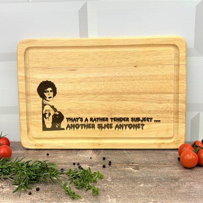 a cutting board with a picture of a woman on it