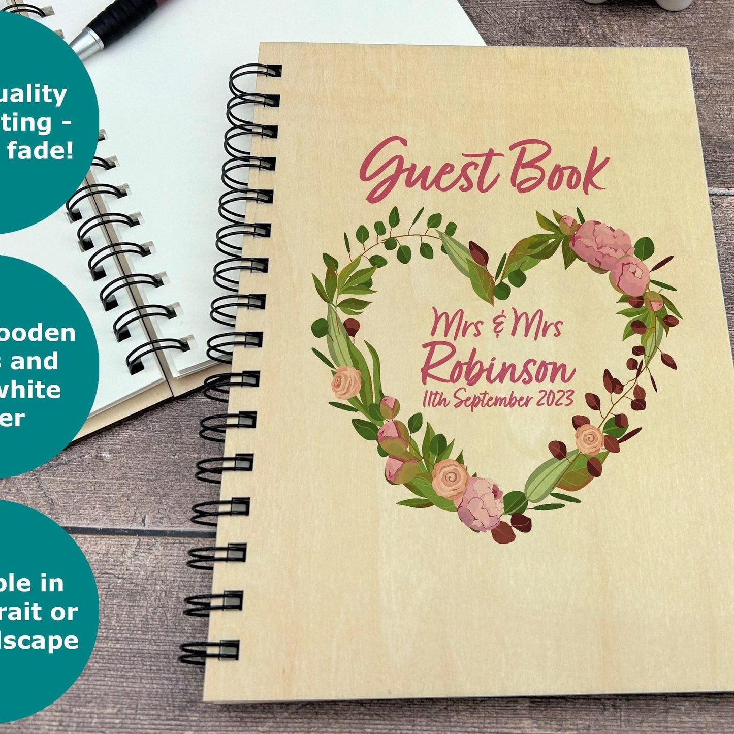 Floral Heart Wreath Personalised Wedding Guest Book