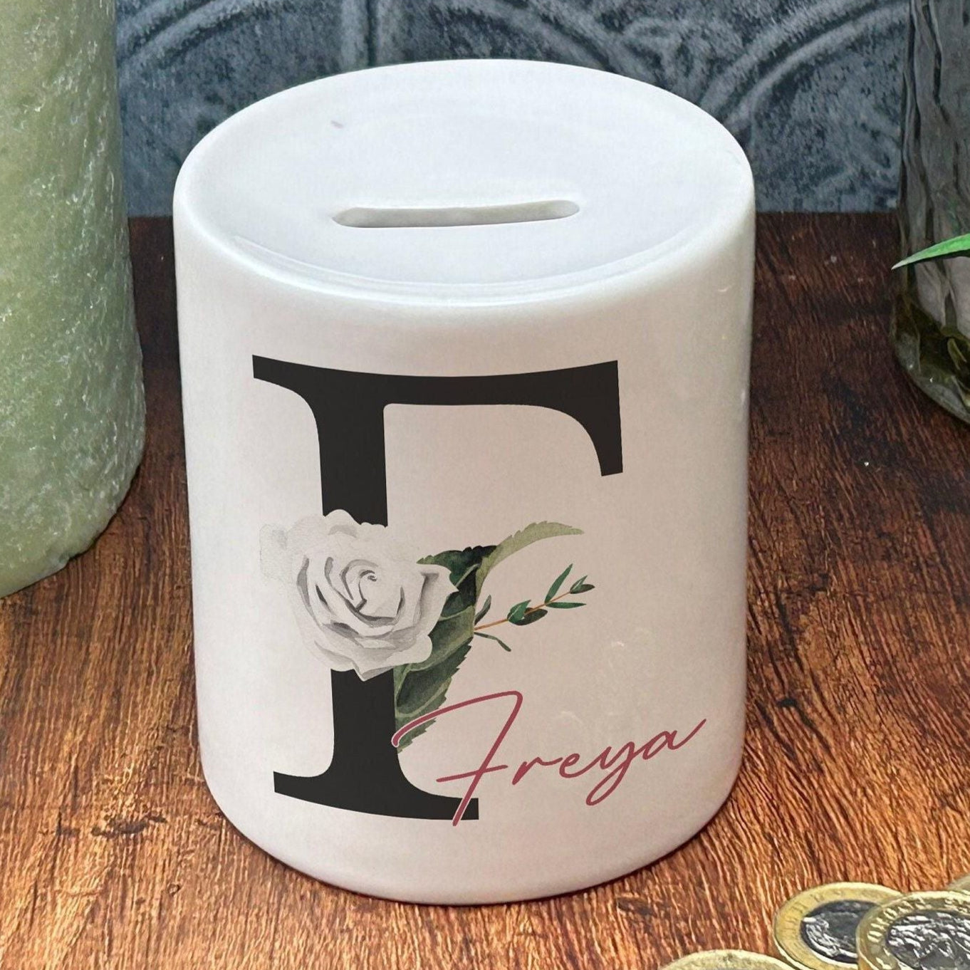 Rose Monogram Name Money Box - Personalised Gift