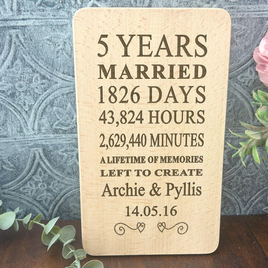 5th Anniversary Personalised Wooden Plaque - Solid Beech - Wall Plaque Gift