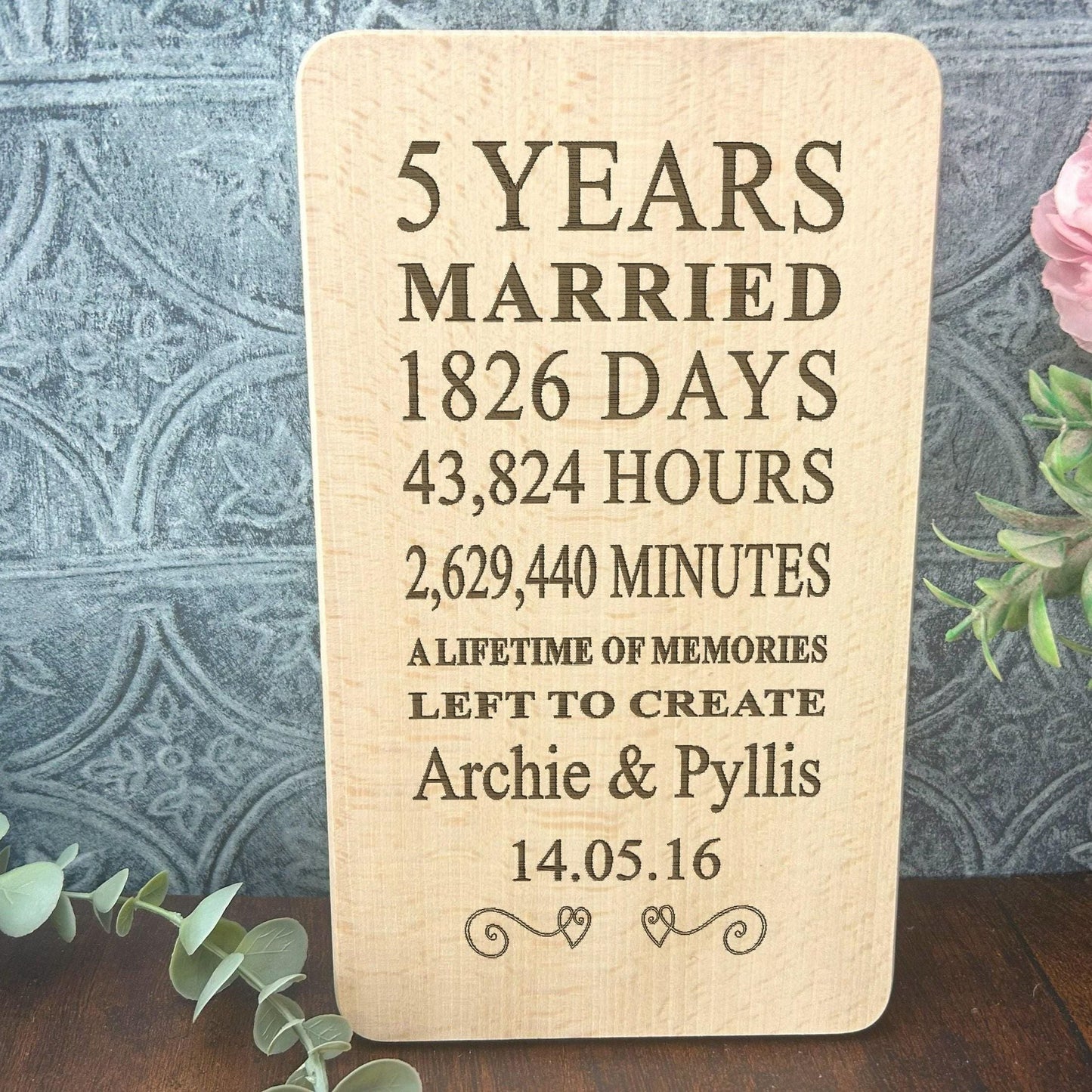 5th Anniversary Personalised Wooden Plaque - Solid Beech - Wall Plaque Gift