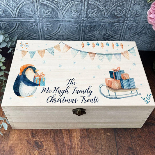 Penguin Christmas Eve Treats - Printed Wooden Rectangle Box - Personalised XMAS Gift