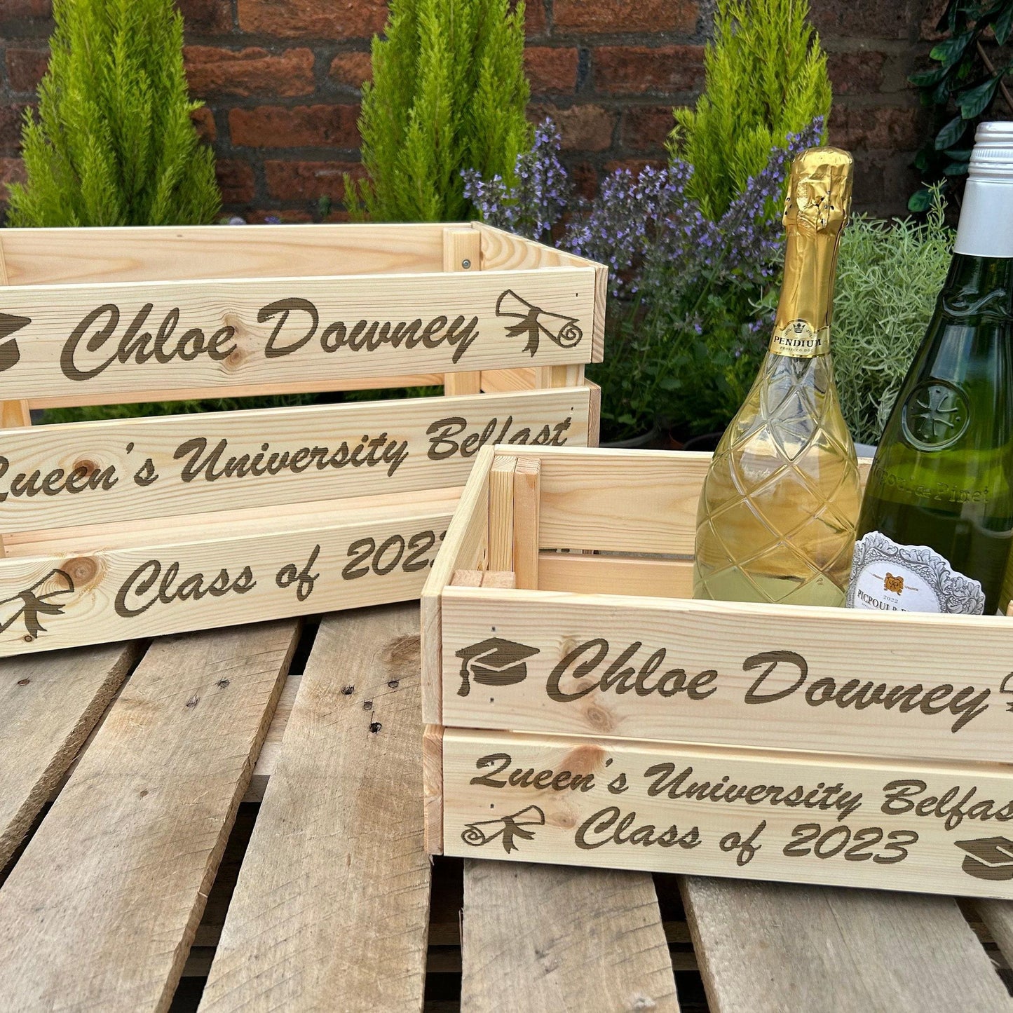 Graduation Class Of University Personalised Wooden Crate Drinks Hamper Gift