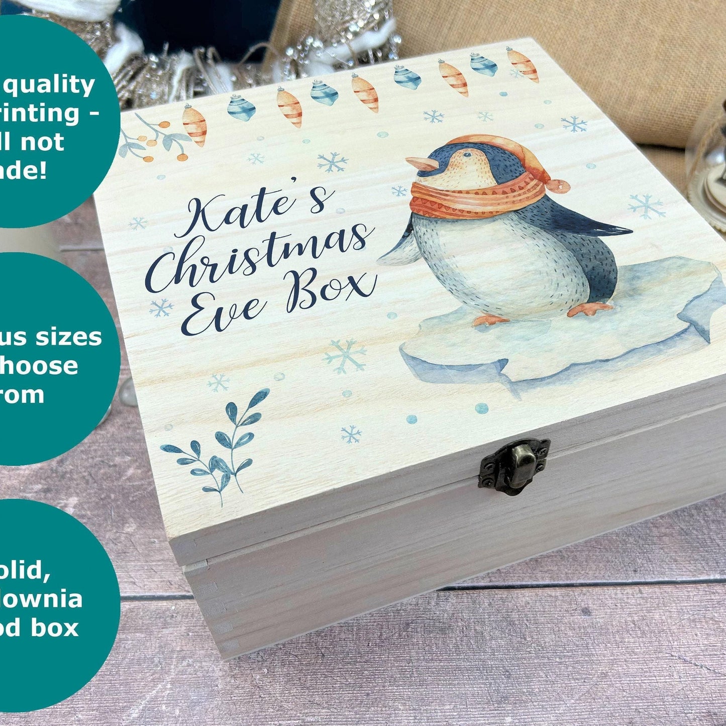 Penguin Personalised Wooden Christmas Eve Treat Box