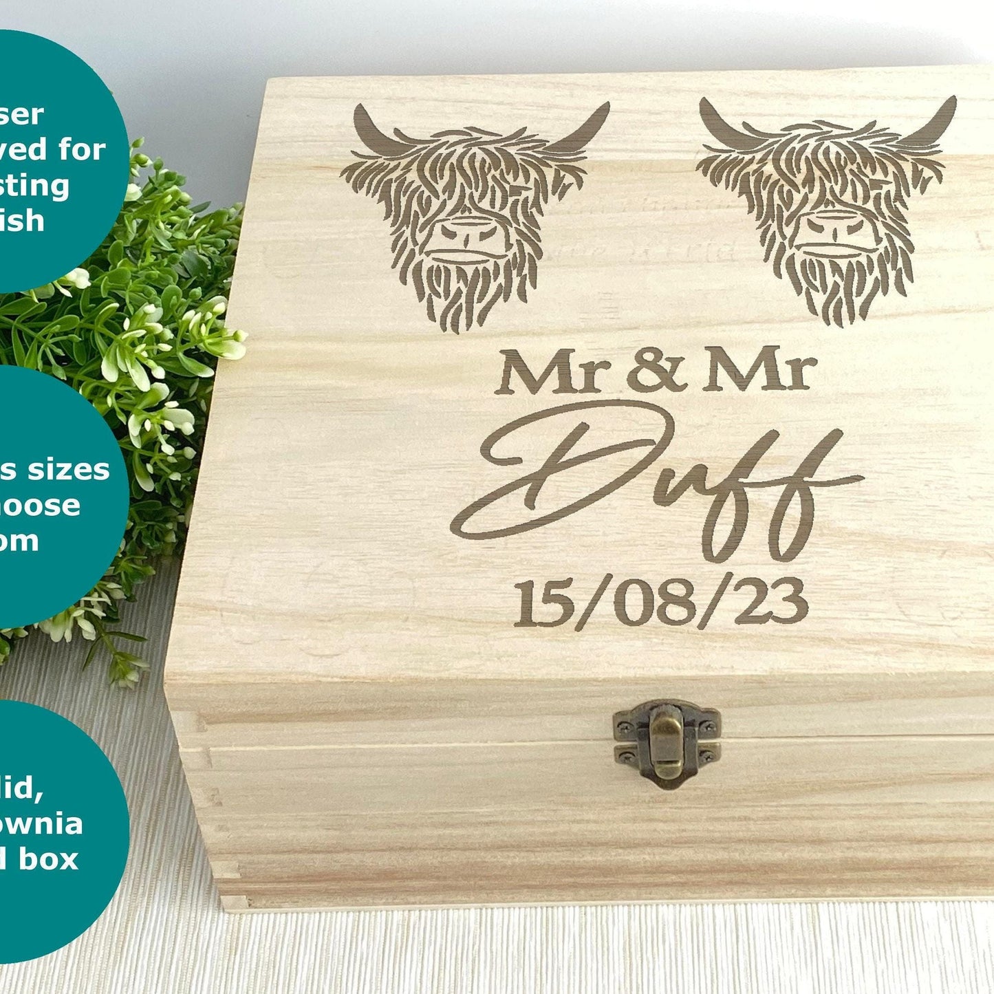 Highland Cow Mr & Mr Gay LGBT Couple Wooden Memory Box Personalised Wedding Gift