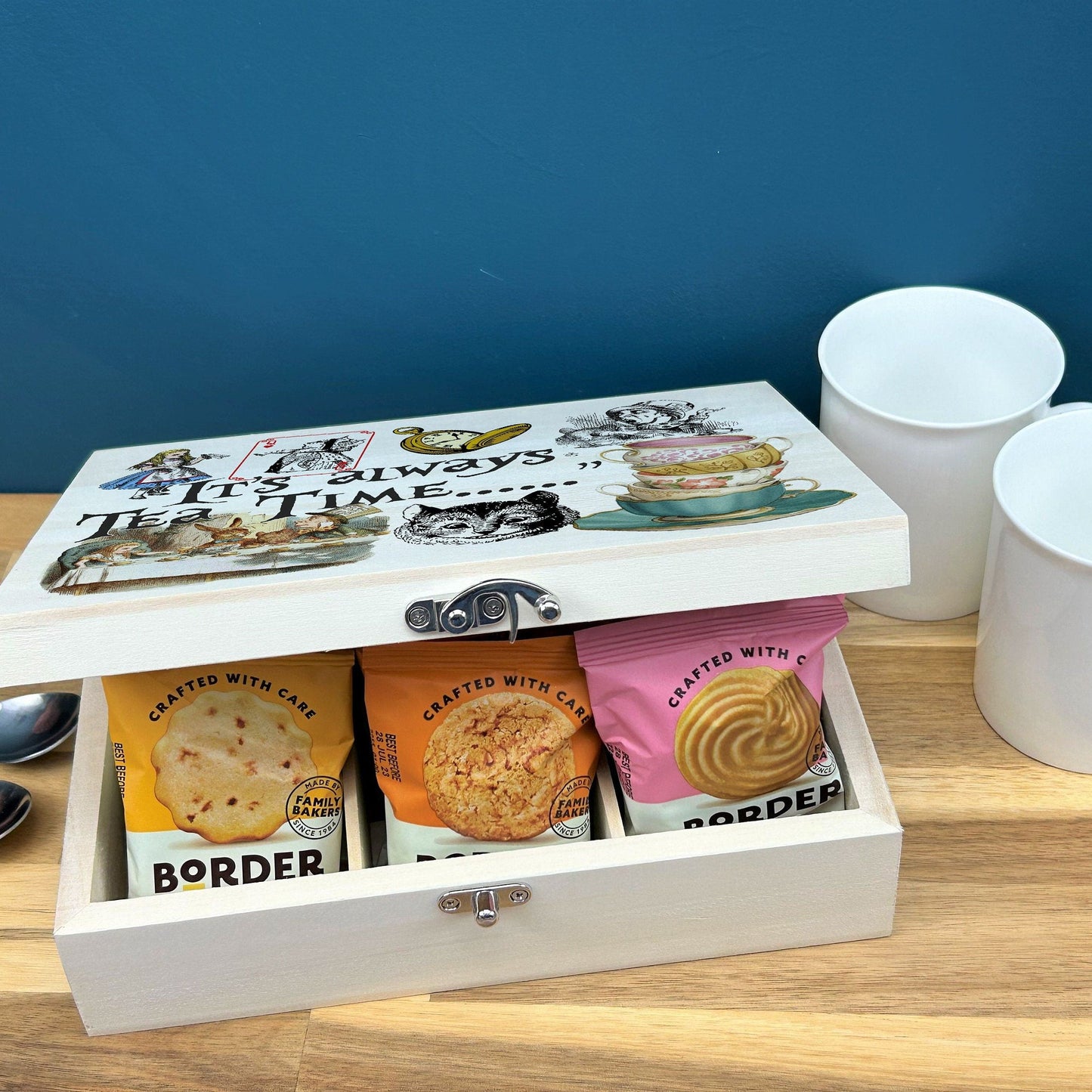 Alice in Wonderland "It's Always Tea Time" Tea Bag Compartment Wooden Box Colourful Illustration