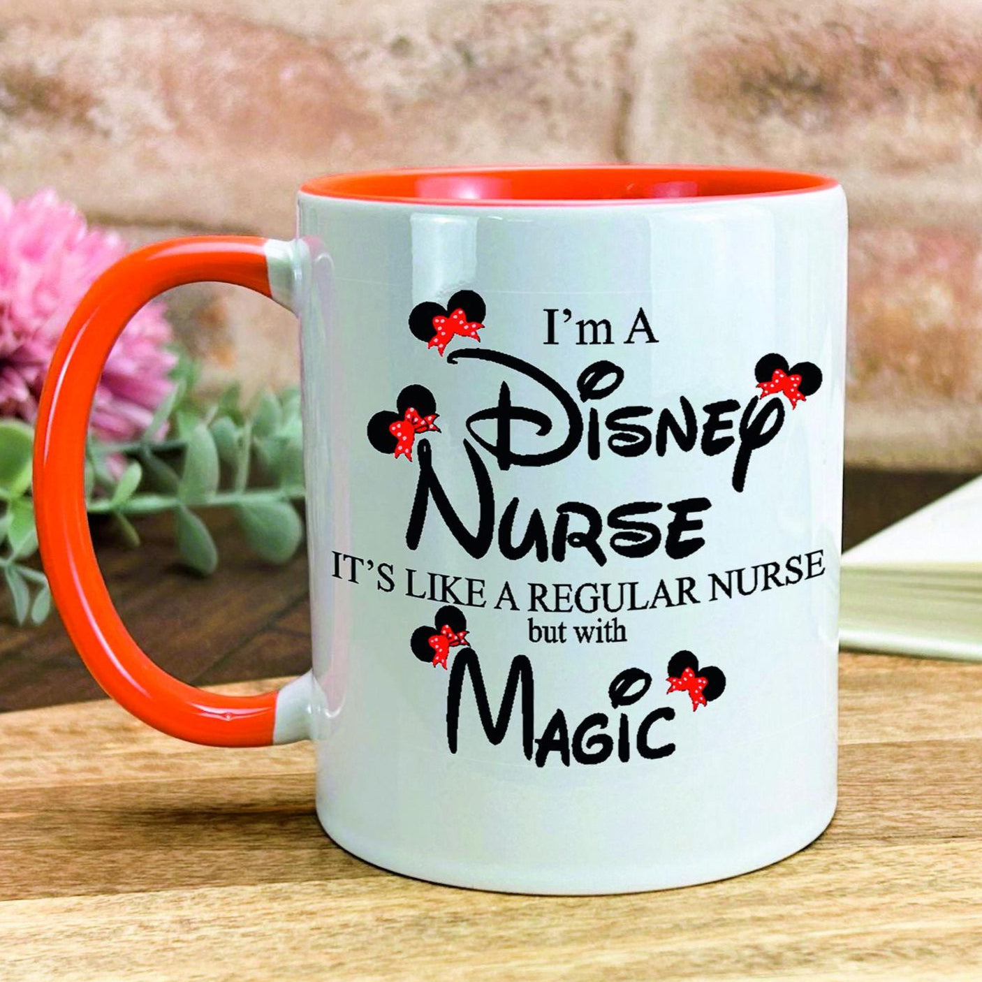 a coffee mug sitting on top of a wooden table