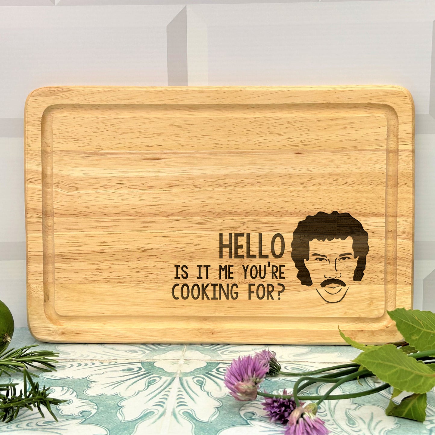 a cutting board with a picture of a man on it