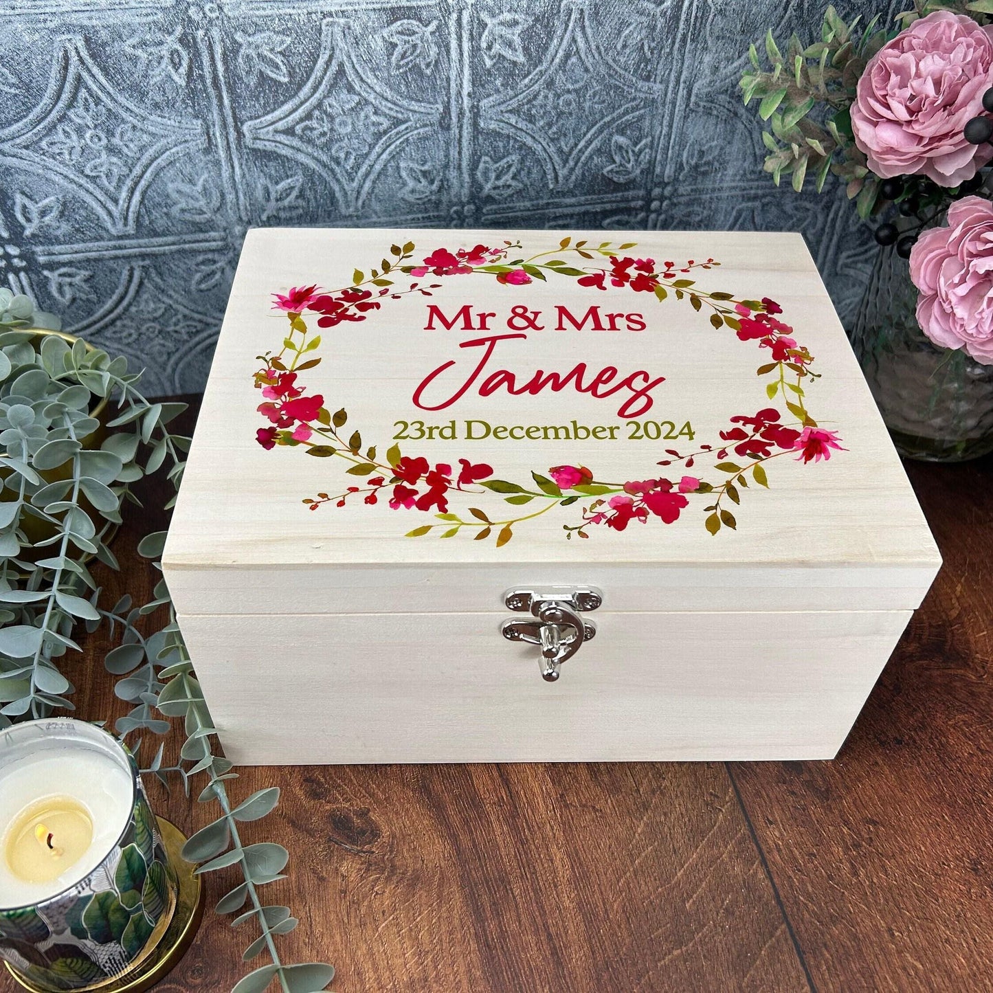 Wedding Memory Box - Pink Floral Wreath Design - Personalised Wedding Gift
