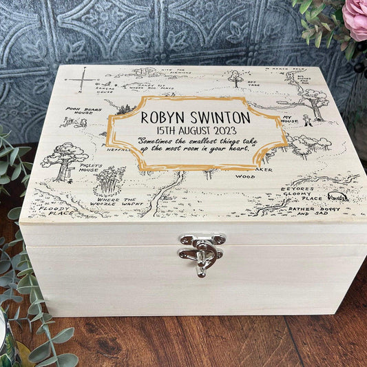 Pooh Bear Wood Map Christening New Baby Personalised Wooden Memory Box Gift