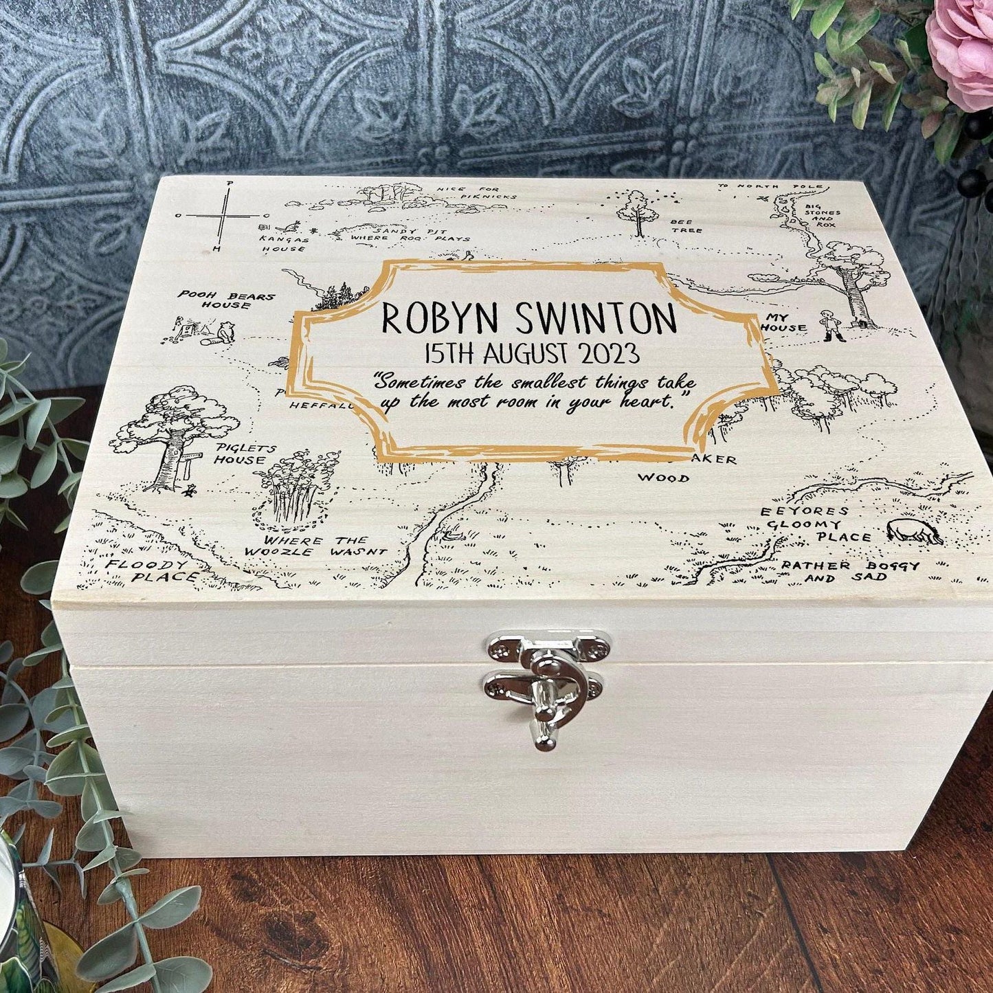 Pooh Bear Wood Map Christening New Baby Personalised Wooden Memory Box Gift