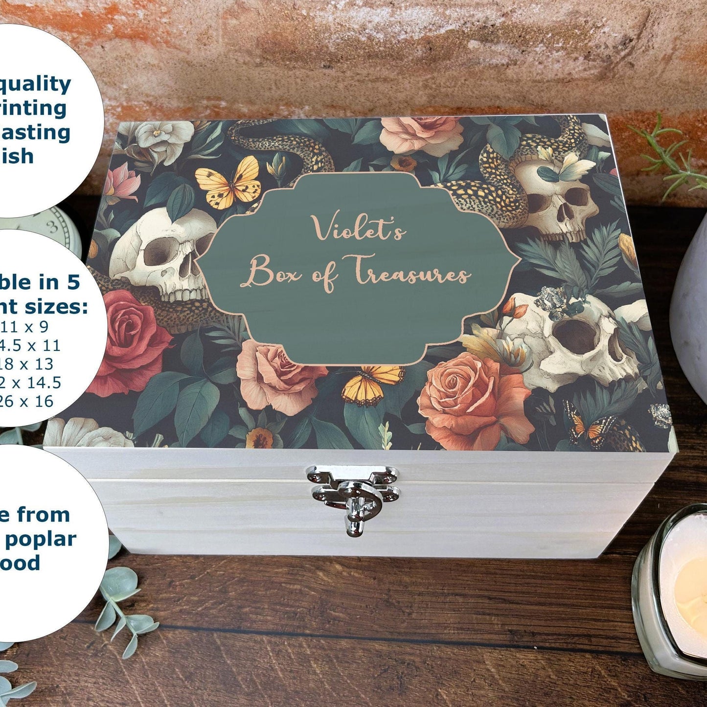 Gothic Skull & Roses Full Print Personalised Memory Box - Trinkets and Keepsakes - Birthday Christmas Gift - Unique Unusual Present