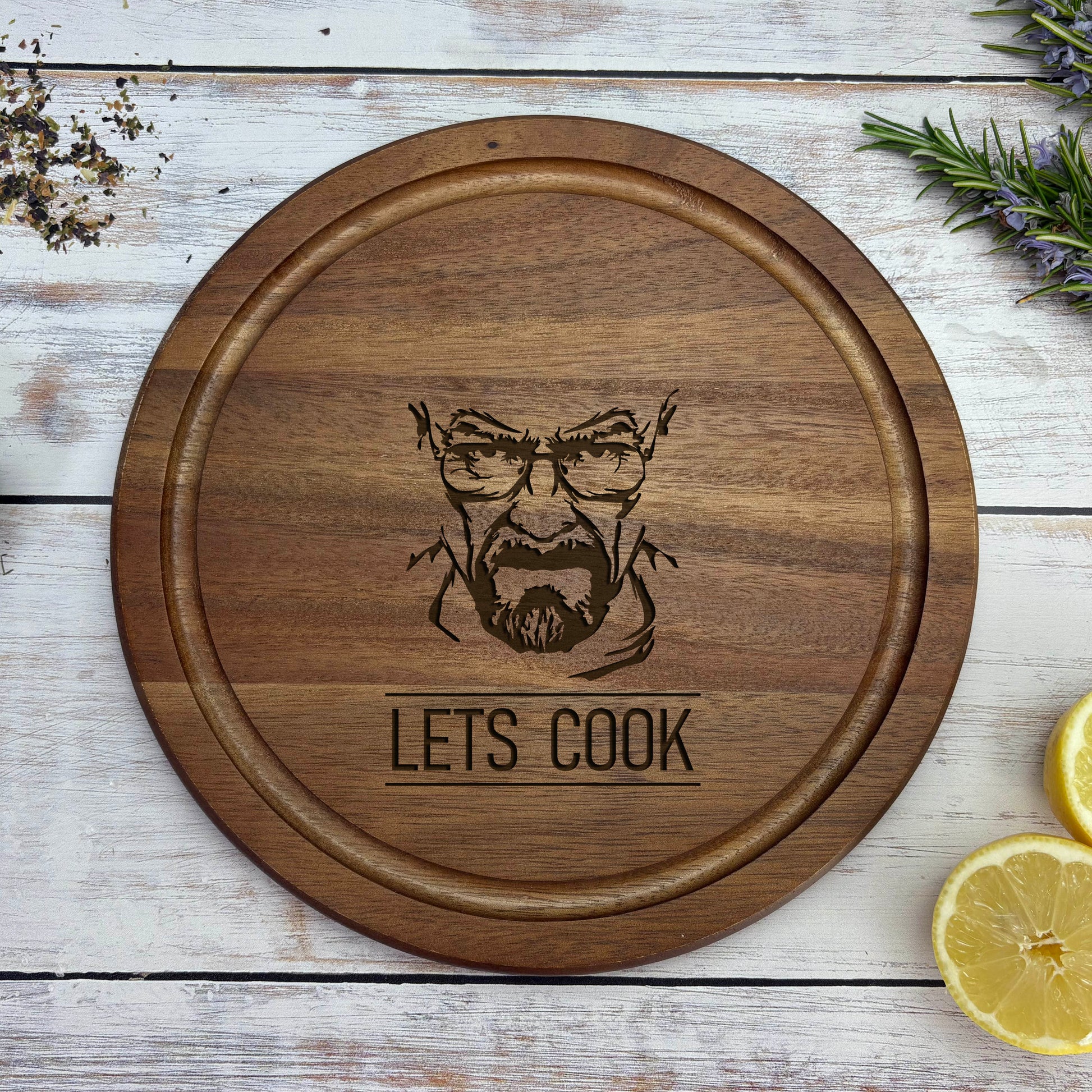 a wooden cutting board with a picture of a bearded man on it