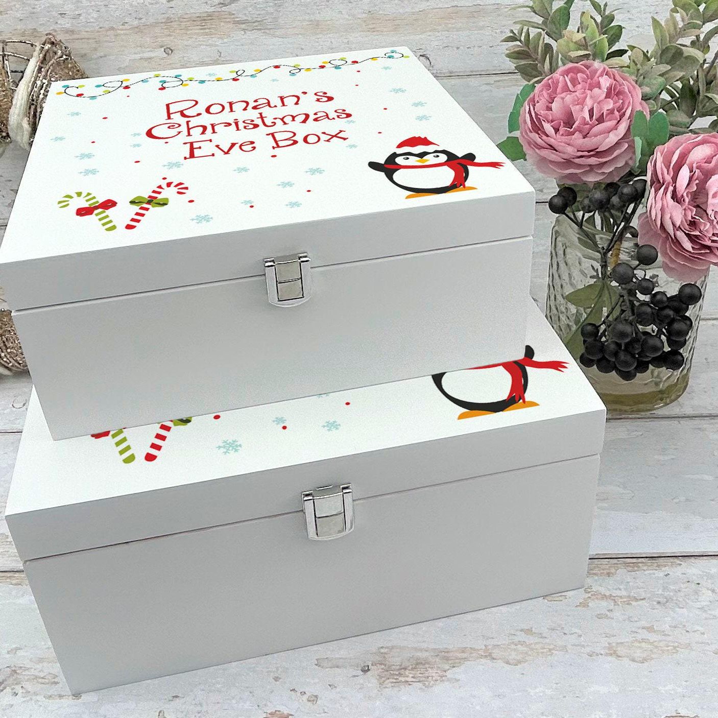 Penguin Christmas Lights Candy Canes XMAS Eve Treats Box - Personalised Festive Gift
