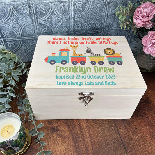 Train Boys Christening New Baby Wooden Memory Box Personalised Gift