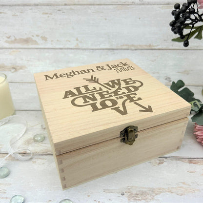 All We Need Is Love Personalised Wooden Memory Keepsake Box - Valentine's Day Gift