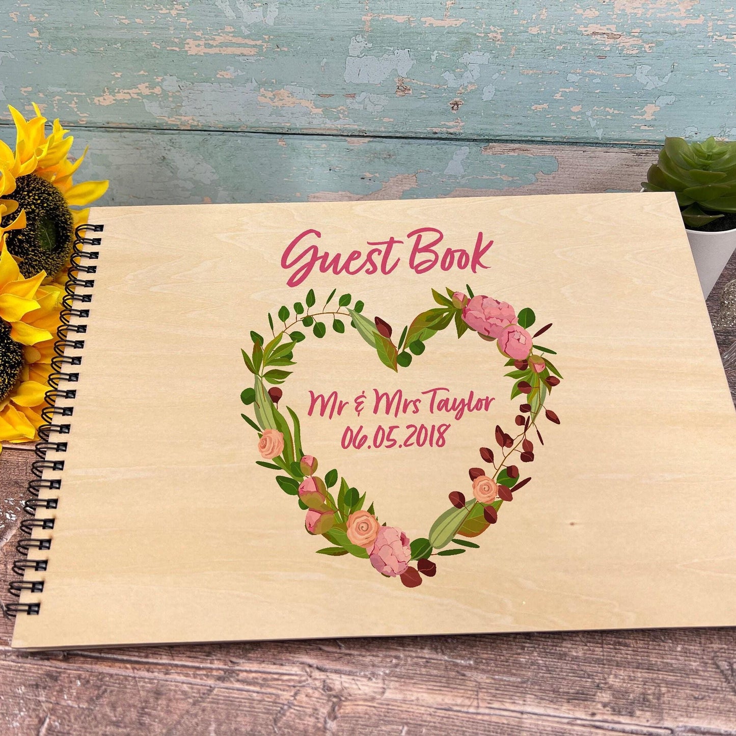Floral Heart Wreath Personalised Wedding Guest Book