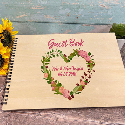 Floral Heart Wreath Personalised Wedding Guest Book