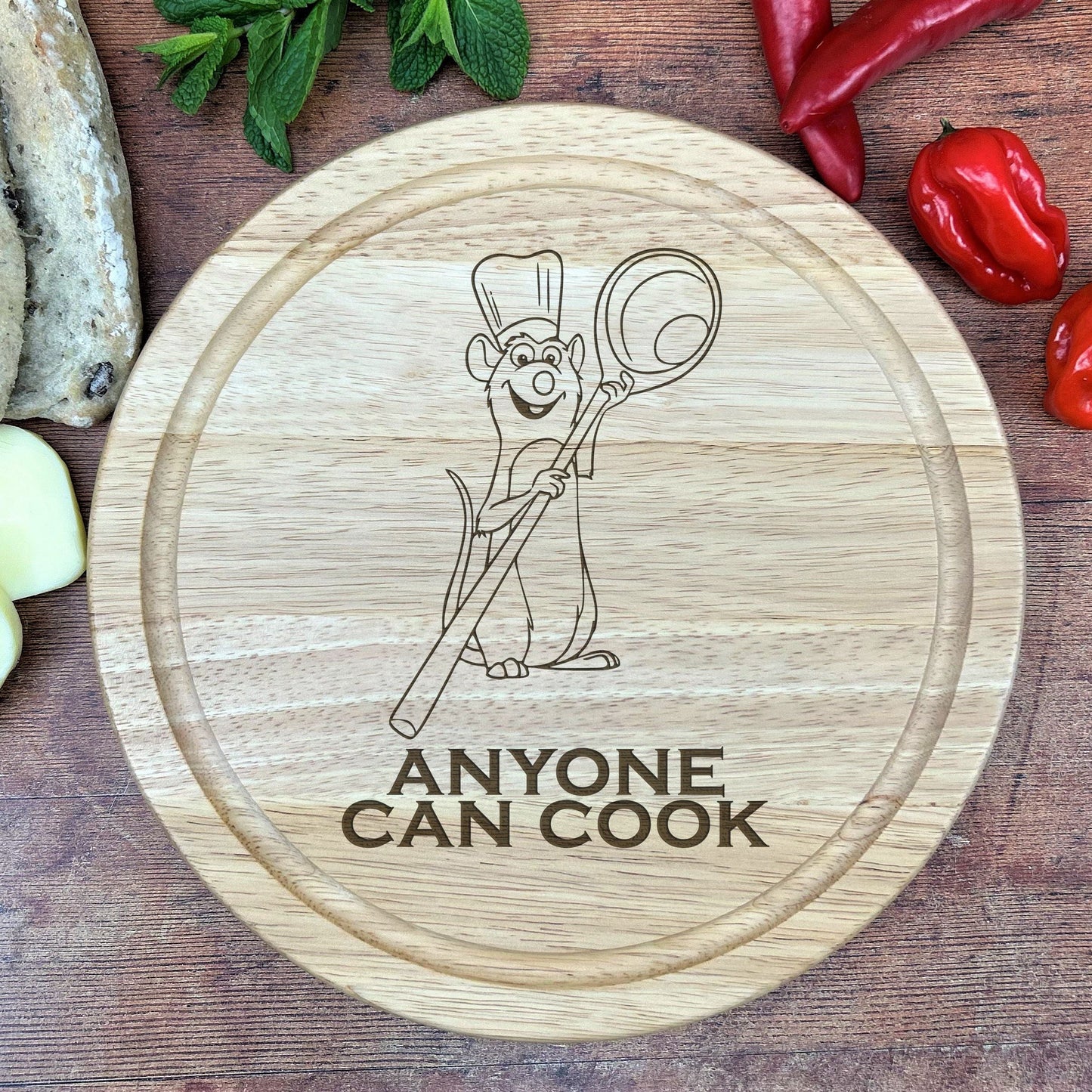 a cutting board with a cartoon character on it