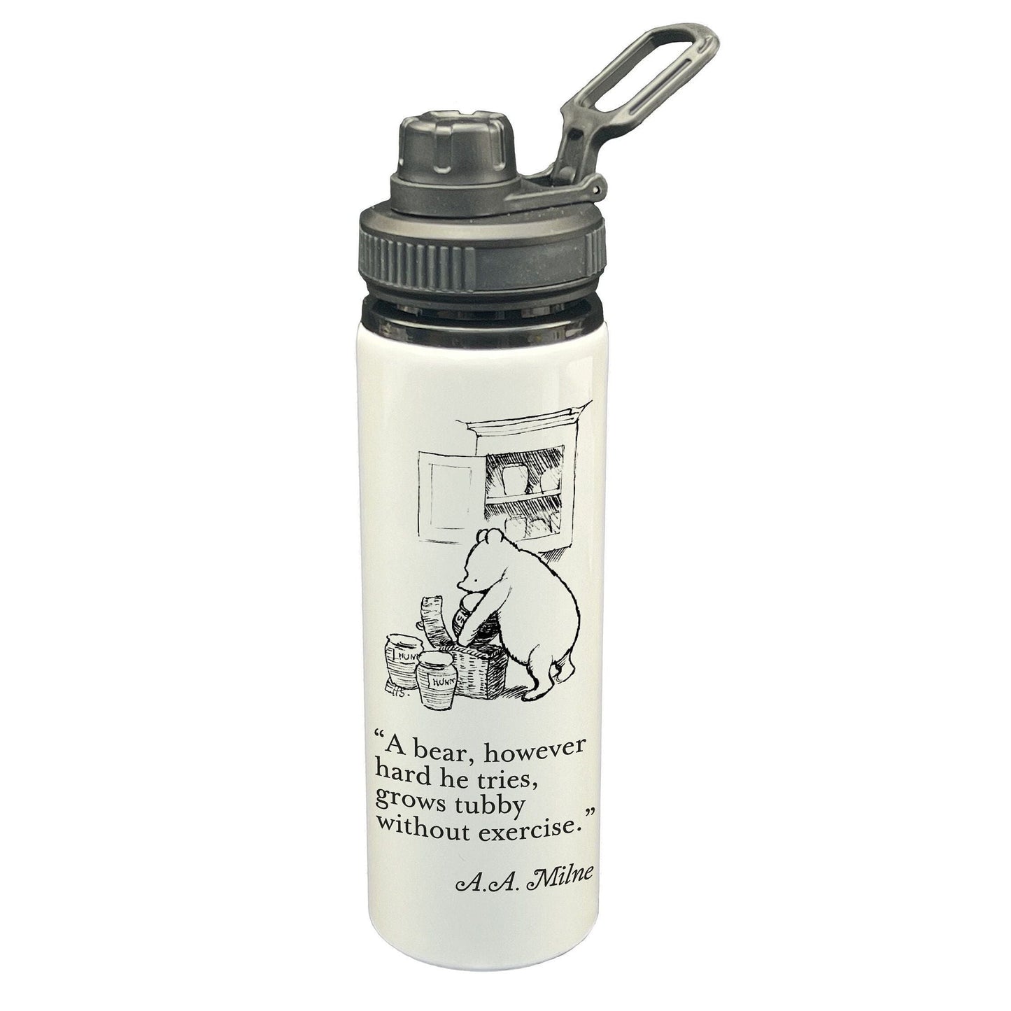 A.A. Milne Winnie the Pooh Bear Book Quote "A bear grows tubby without exercise" Classic Literature Water Bottle | Gift | Reading | Disney