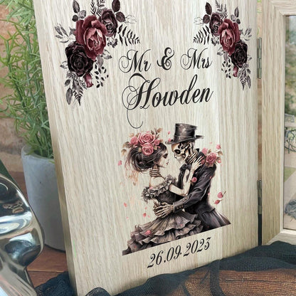 Skull Couple, Wedding, Anniversary Photo Frame Personalised Gothic, Goth, Emo, Horror Themed Gift. Solid Oak UV Colour Printed.