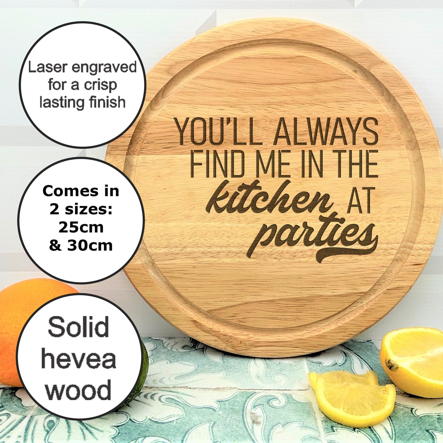 a wooden cutting board with the words you'll always find me in the kitchen