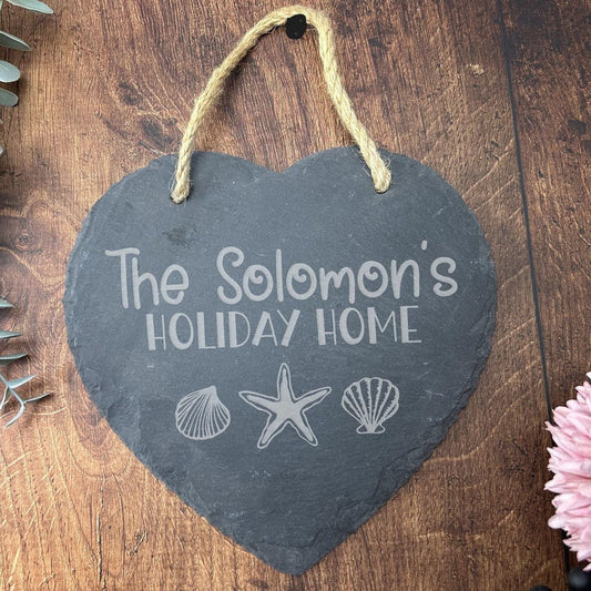 Seashell Holiday Home Sign - Beach Caravan House - Personalised Slate Heart Plaque