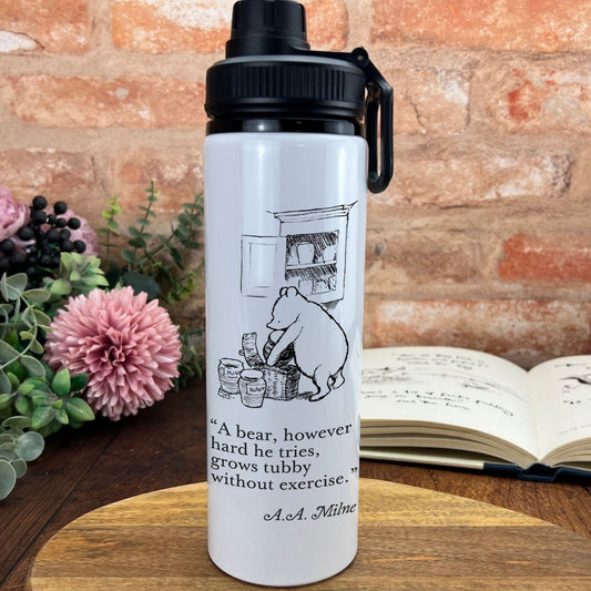 A.A. Milne Winnie the Pooh Bear Book Quote "A bear grows tubby without exercise" Classic Literature Water Bottle | Gift | Reading | Disney