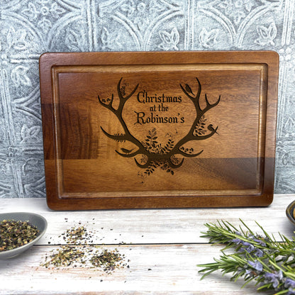 Personalised Antlers Christmas Chopping Board - Family XMAS Gift
