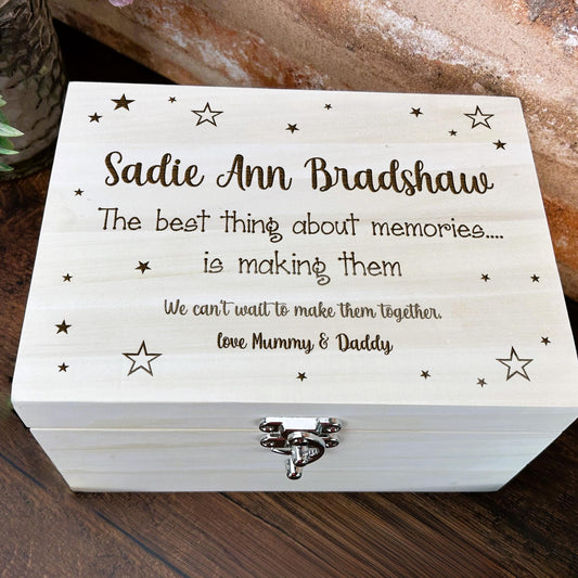 Star Design Time Capsule Personalised Wooden Memory Box Christening / New Baby Gift
