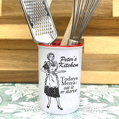 Housewife Illustration Kitchen Utensils Holder - Cutlery Pot - Personalised Gift Housewarming