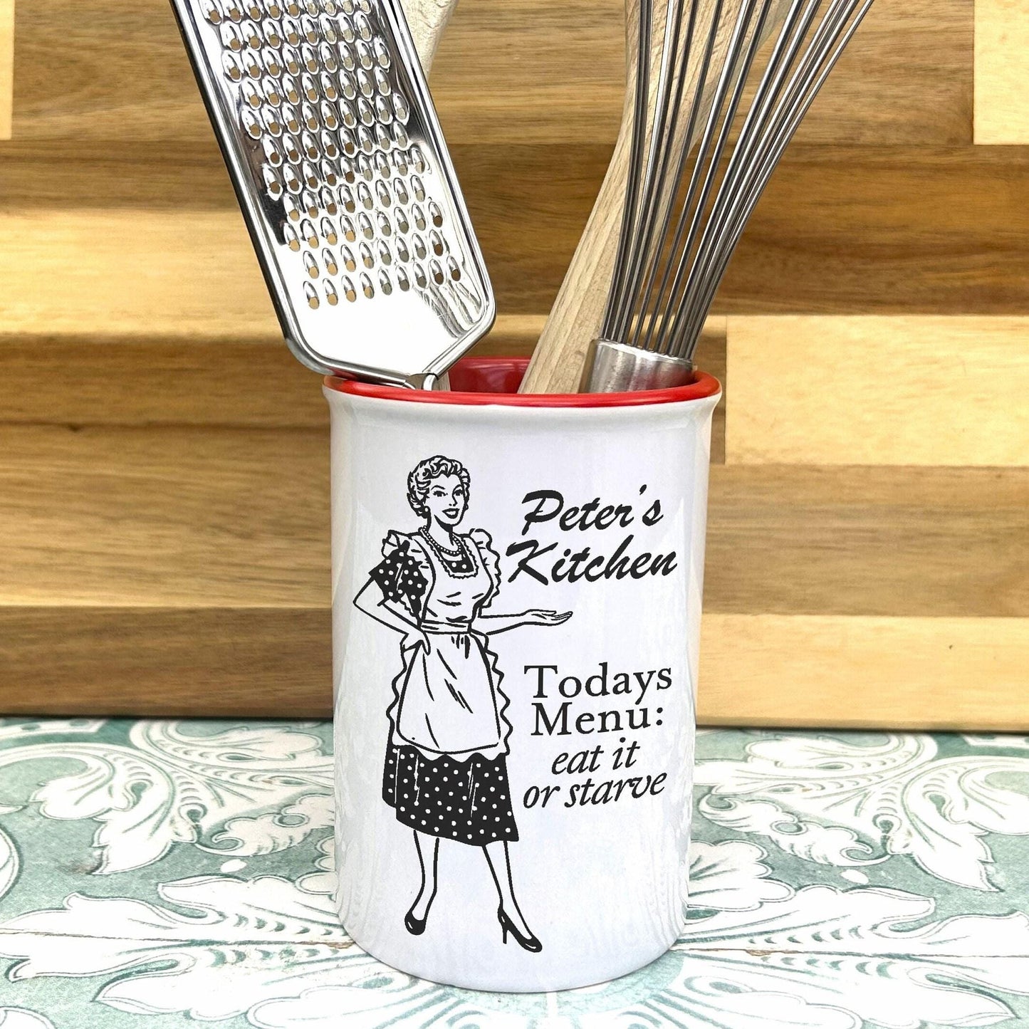 Housewife Illustration Kitchen Utensils Holder - Cutlery Pot - Personalised Gift Housewarming