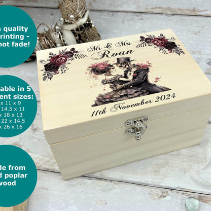 Gothic Skull Couple Personalised Wooden Memory Box - Wedding - Anniversary - Valentines - Memories & Keepsakes - Unique Unusual Present