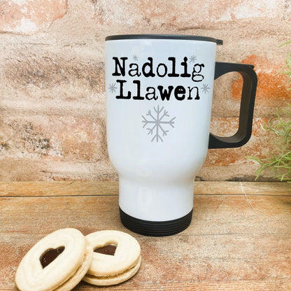 Nadolig Llawen Snowflakes - Welsh Language Dialect - Personalised Travel Mug