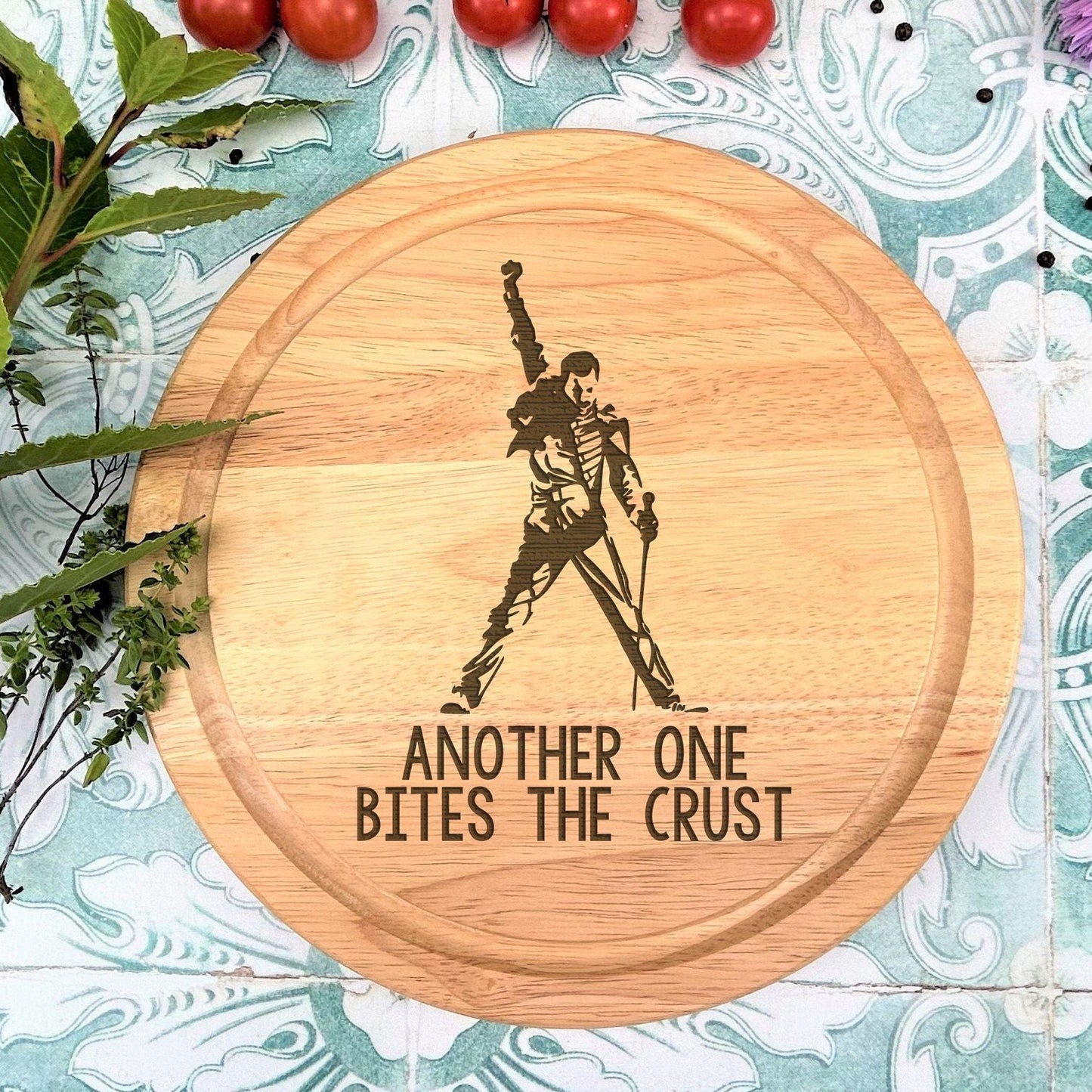 a cutting board with a picture of a person on it