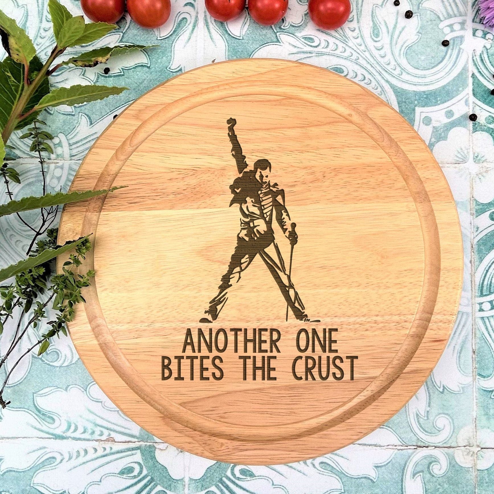 a cutting board with a picture of a person on it